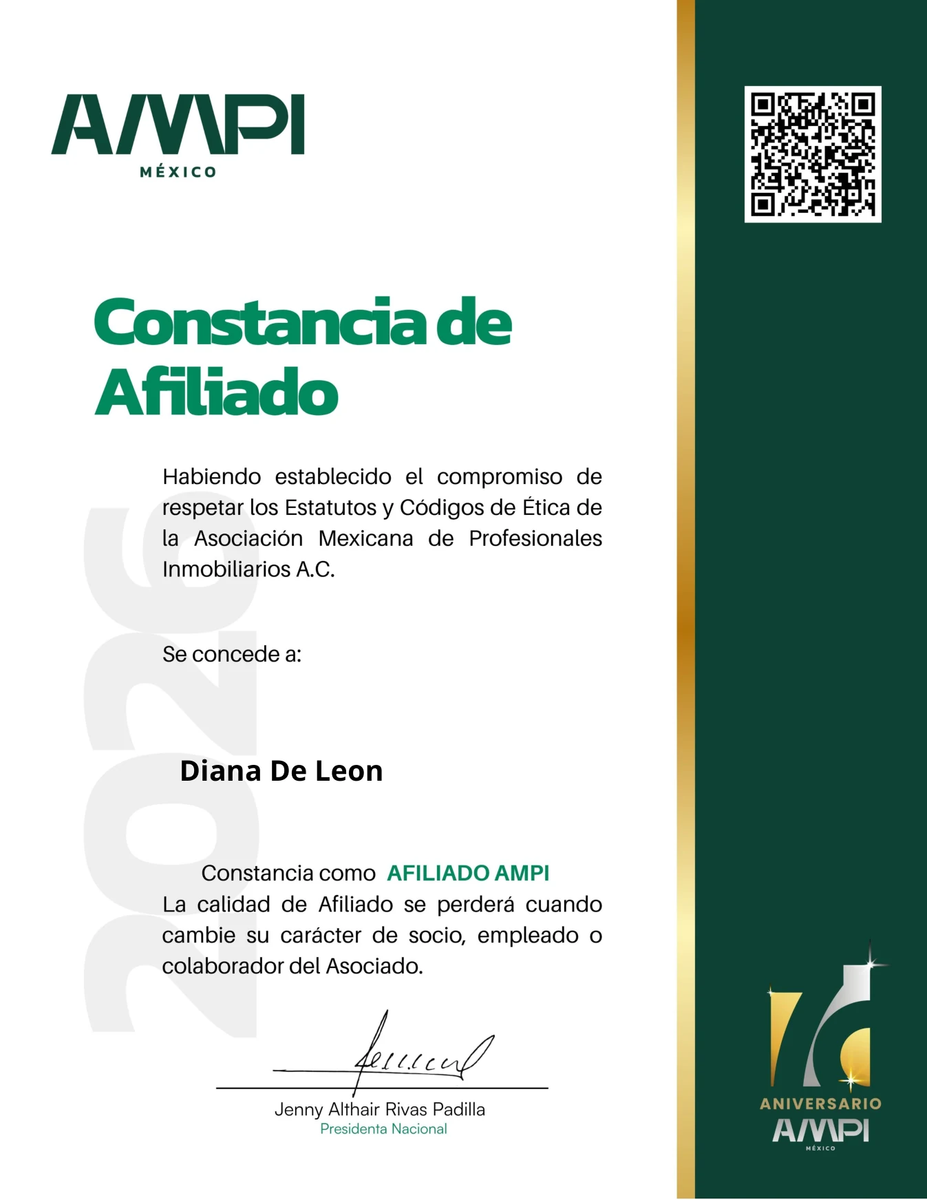 Constancia de Afiliado AMPI — Diana De León
