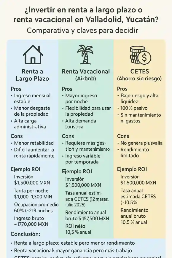 ¿Invertir en renta a largo plazo, renta vacacional o Cetes en Valladolid, Yucatán? Comparativa y claves para decidir